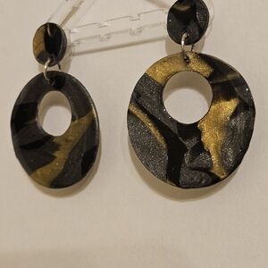 Elegant Black and Gold Hoop Clay Earrings